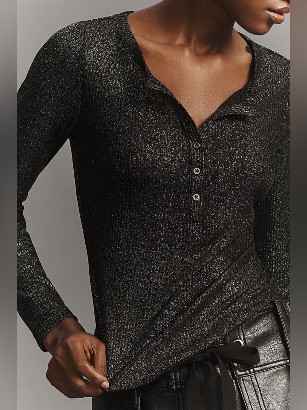 Pilcro Metallic Black Ribbed Long-Sleeve Henley